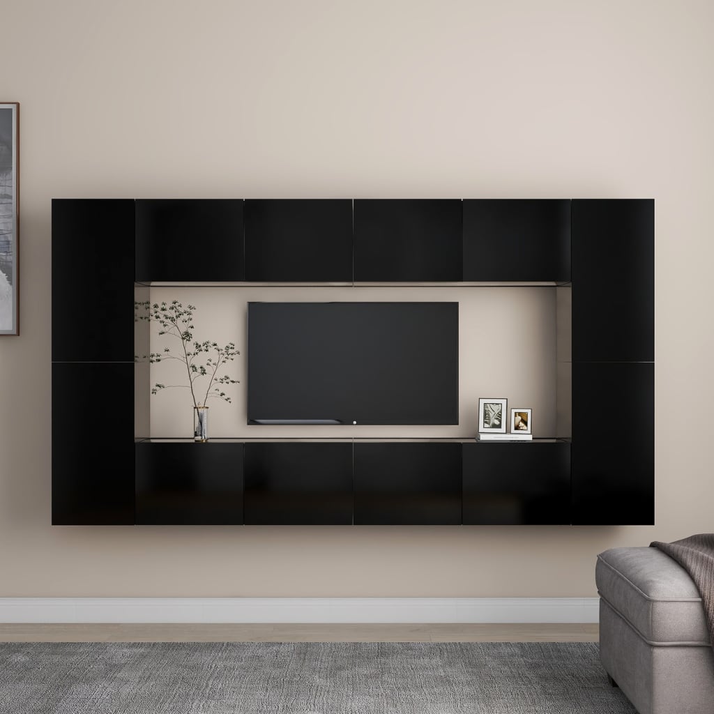 8 Piece TV Cabinet Set Black Engineered Wood
