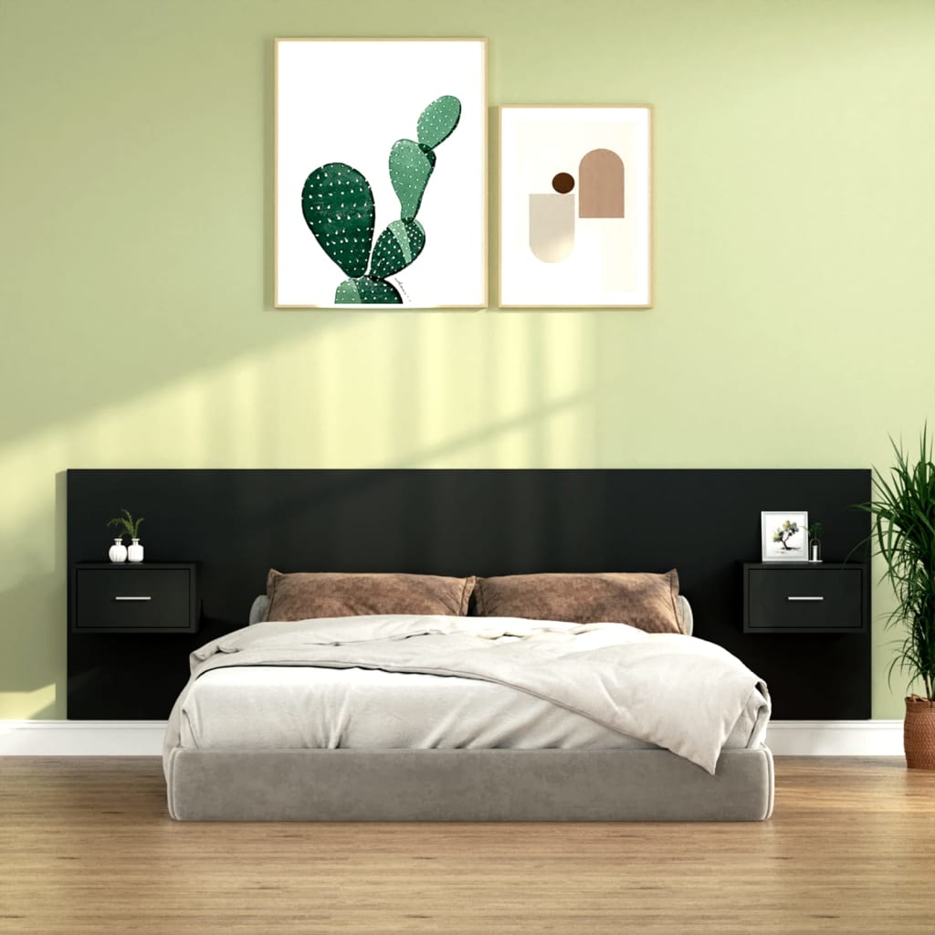 Bed Headboard with Cabinets Black Engineered Wood