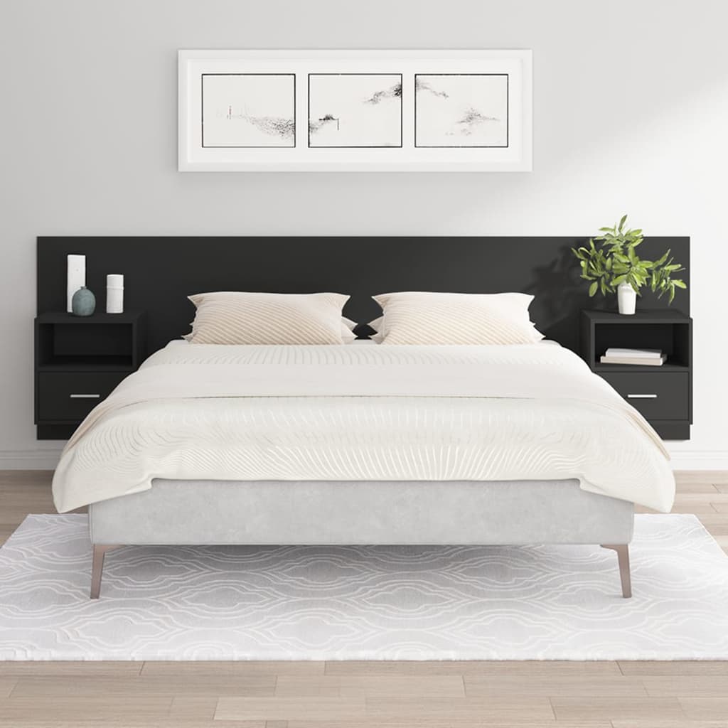 Bed Headboard with Cabinets Black Engineered Wood