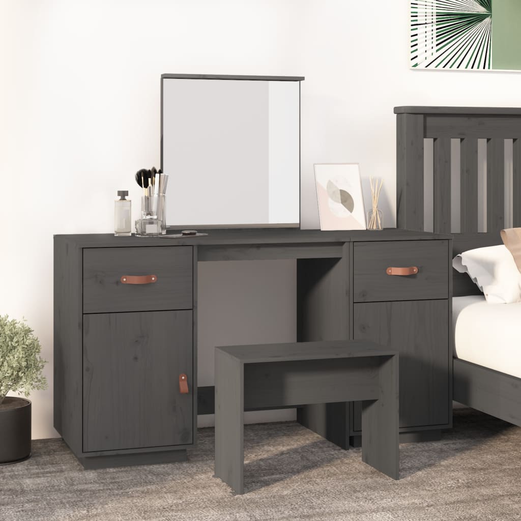 Dressing Table Set with a Mirror Grey Solid Wood Pine