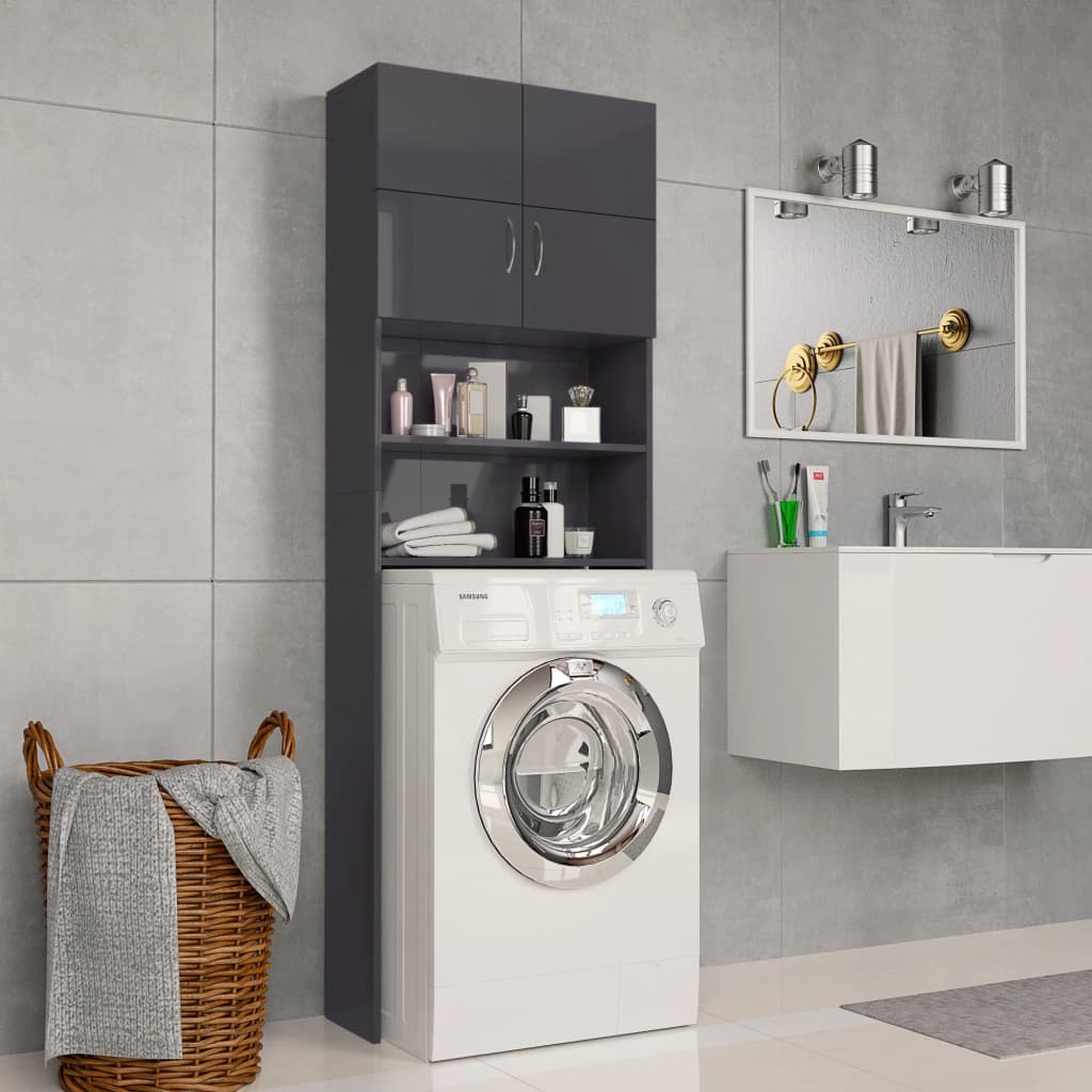 Washing Machine Cabinet High Gloss Grey 64x25.5x190 cm Engineered Wood