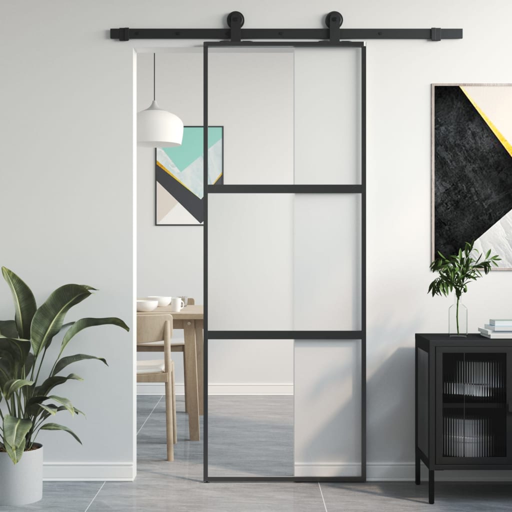 Sliding Door Black 76x205 cm Tempered Glass and Aluminium