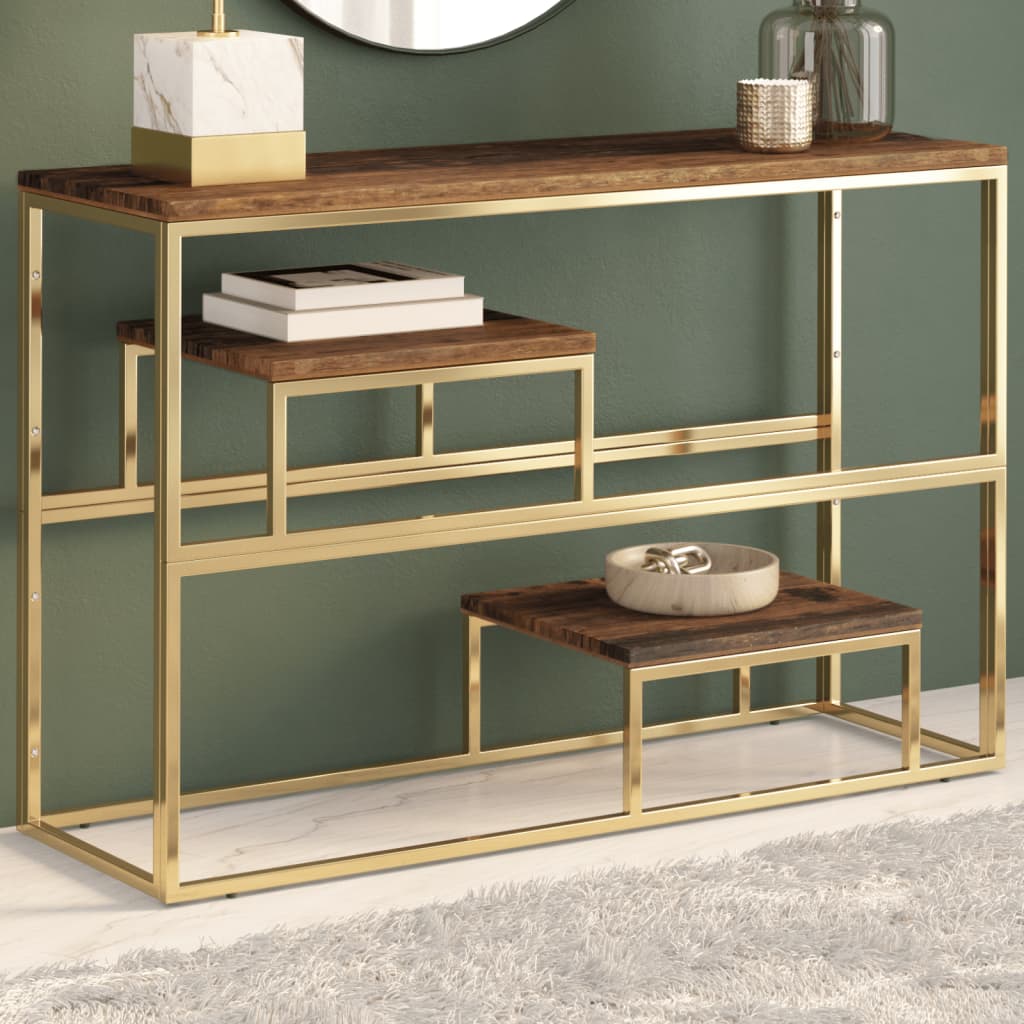 Console Table Gold Stainless Steel and Solid Sleeper Wood